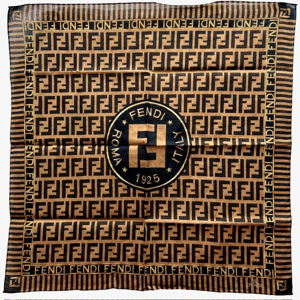 FENDI Zucca mini scarf handker cotton/Silk 19"  black  Gold   Brown logo  FF(56 - Picture 6 of 6